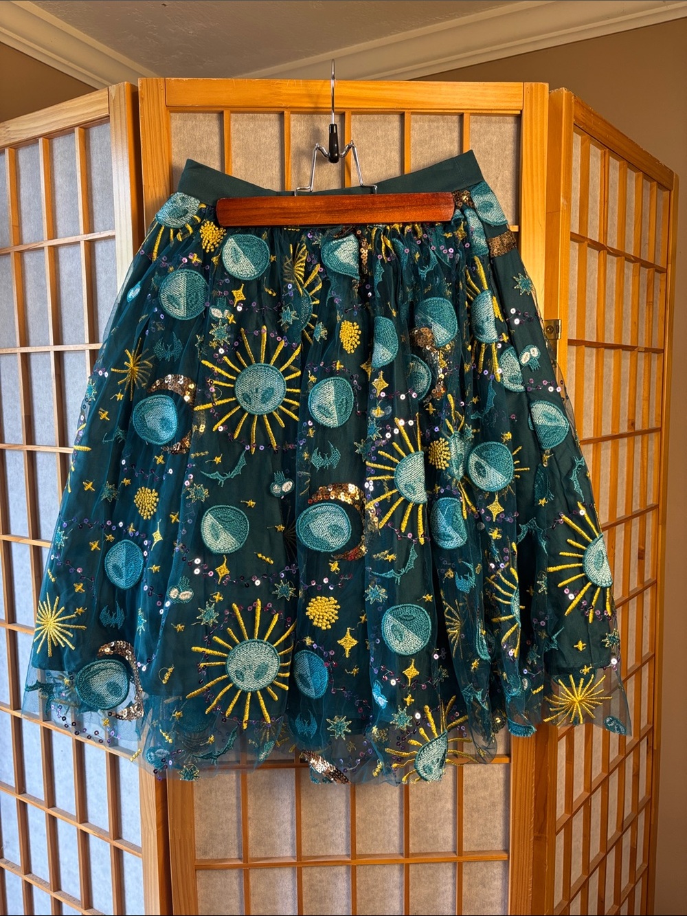 Embroidered Nightmare Before Christmas Teal Tulle Skirt with Sun & Moon Motif